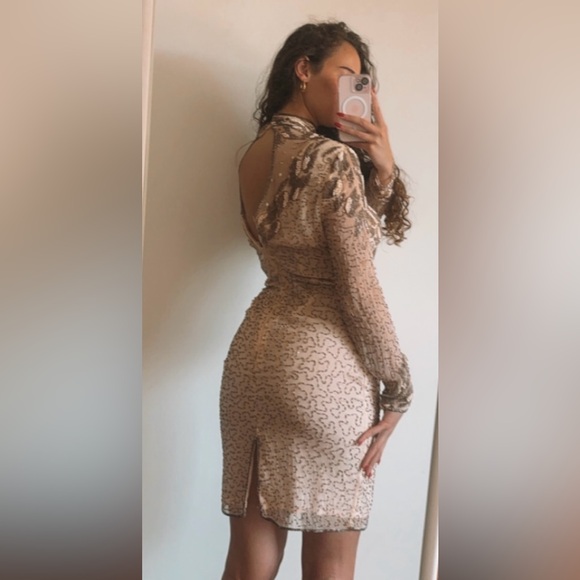 Vintage 70s Beaded Embroidered Sheer Long Sleeve Open Back Cocktail Party Dress - Picture 3 of 17